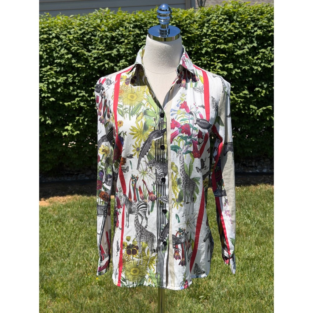 VILAGALLO Maximalist Safari Animal Print Shirt Zebra Giraffe Botanical Blouse 38